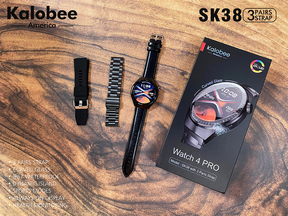 Montre Connectée Kalobee Watch 4 PRO (Modèle SK38) – Écran Super AMOLED Incurvé, Appels Bluetooth, NFC & 3 Bracelets Inclus