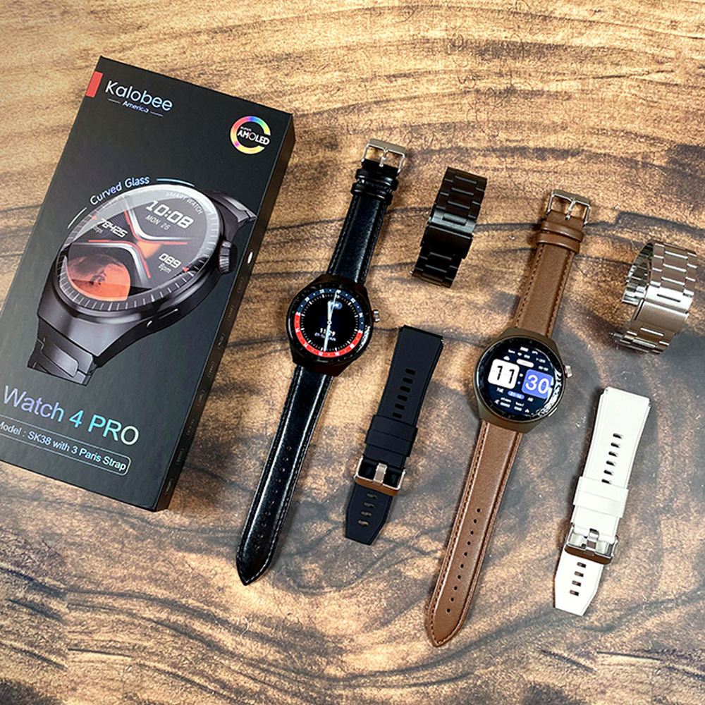 Montre Connectée Kalobee Watch 4 PRO (Modèle SK38) – Écran Super AMOLED Incurvé, Appels Bluetooth, NFC & 3 Bracelets Inclus