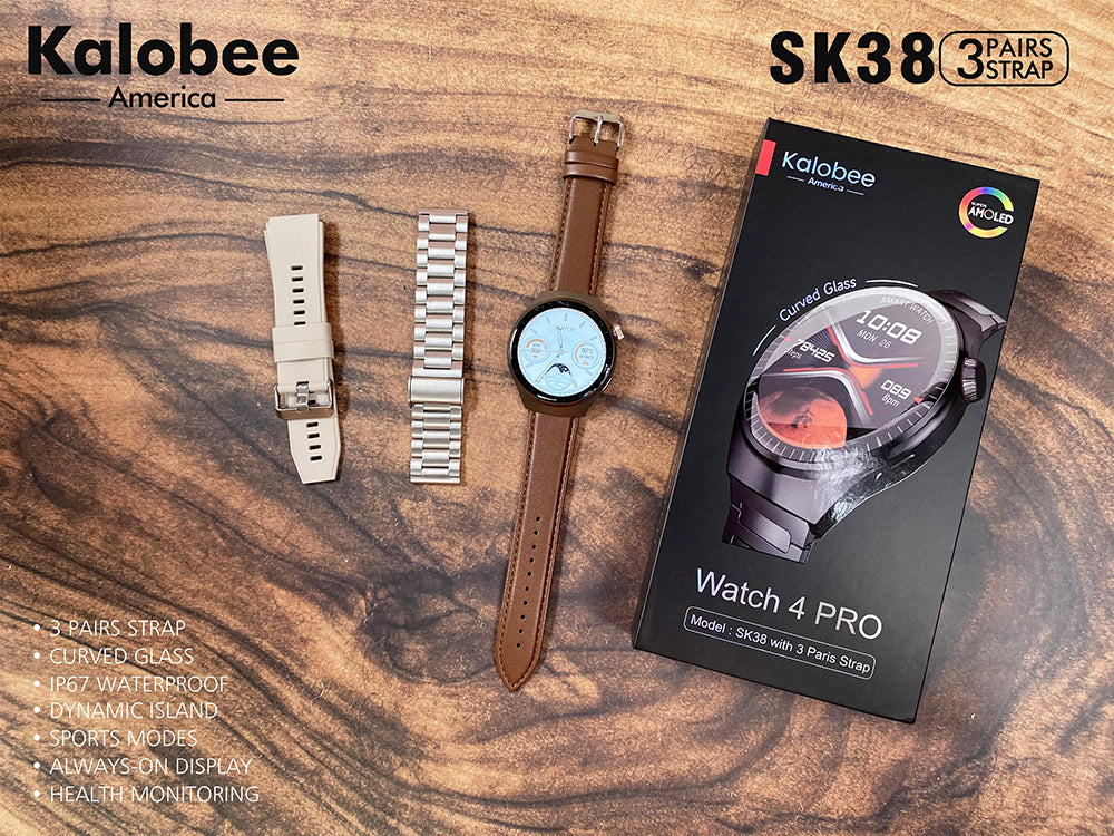 Montre Connectée Kalobee Watch 4 PRO (Modèle SK38) – Écran Super AMOLED Incurvé, Appels Bluetooth, NFC & 3 Bracelets Inclus
