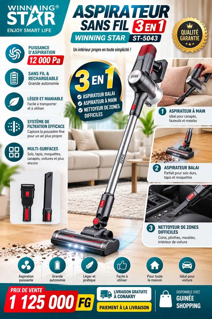 Aspirateur Balai Sans Fil 3-en-1 Puissant Winning Star ST-5043 (12 000 Pa) – Éclairage LED