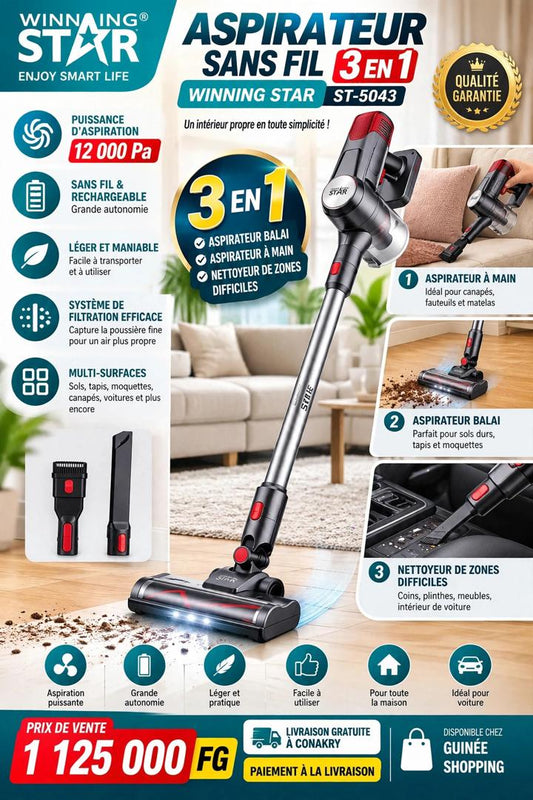 Aspirateur Balai Sans Fil 3-en-1 Puissant Winning Star ST-5043 (12 000 Pa) – Éclairage LED