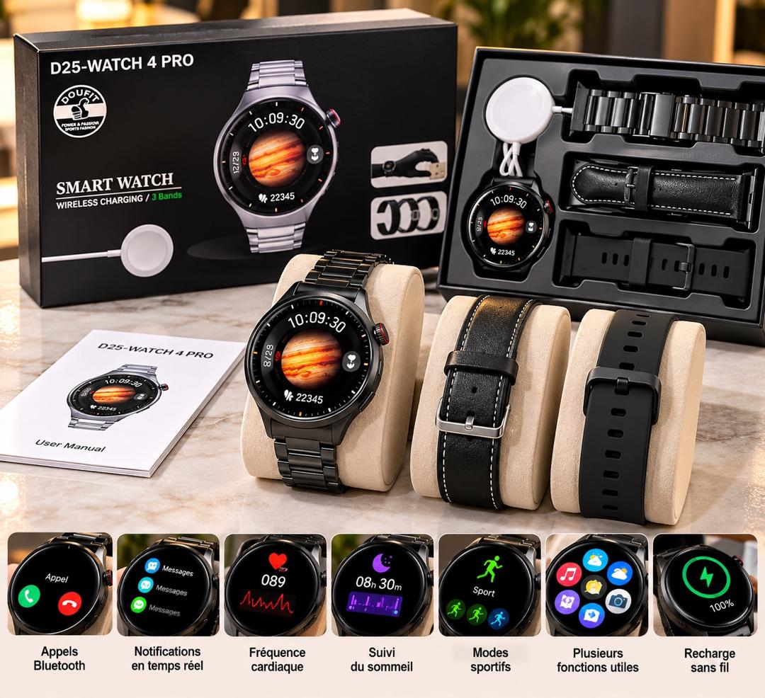Montre Connectée D25-Watch 4 Pro (Doufit) – Coffret VIP avec 3 Bracelets Interchargeables &amp; Appels Bluetooth