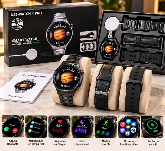 Montre Connectée D25-Watch 4 Pro (Doufit) – Coffret VIP avec 3 Bracelets Interchargeables &amp; Appels Bluetooth