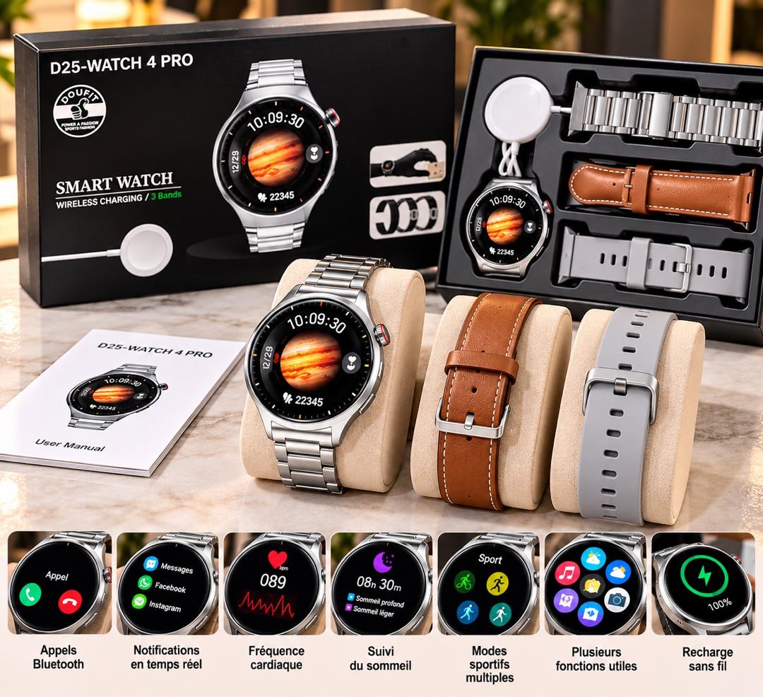 Montre Connectée D25-Watch 4 Pro (Doufit) – Coffret VIP avec 3 Bracelets Interchargeables &amp; Appels Bluetooth