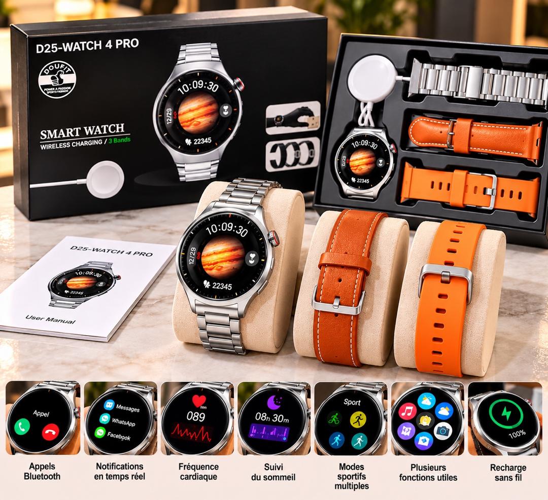 Montre Connectée D25-Watch 4 Pro (Doufit) – Coffret VIP avec 3 Bracelets Interchargeables &amp; Appels Bluetooth